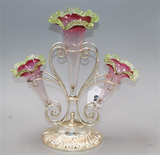 An Edwardian coloured glass and electroplate centrepiece H.30cm
